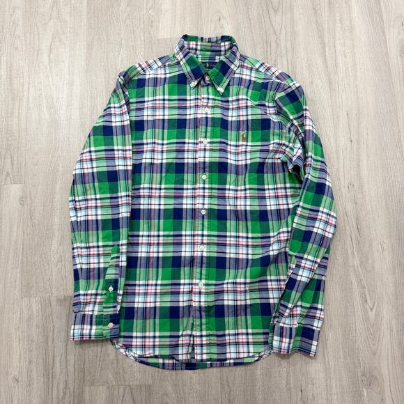 Polo Ralph Lauren Button Shirt Mens Medium Green Blue Plaid Check Flannel Preppy - Picture 1 of 9